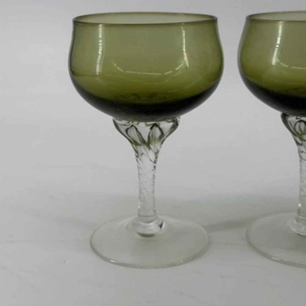 Vintage Olive Green Glass Goblets Twisted Clear Stem Set of 4 MCM Barware 4.5in